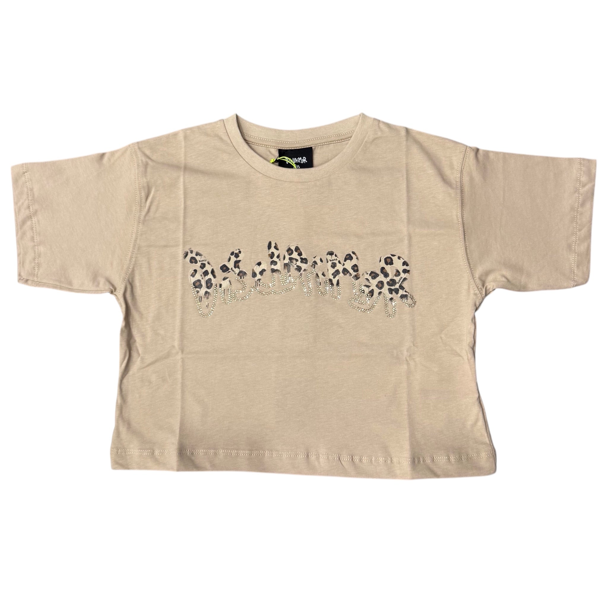 T-shirt Cropped Beige Disclaimer | Strass e Logo Maculato DISCLAIMER l'aquilone