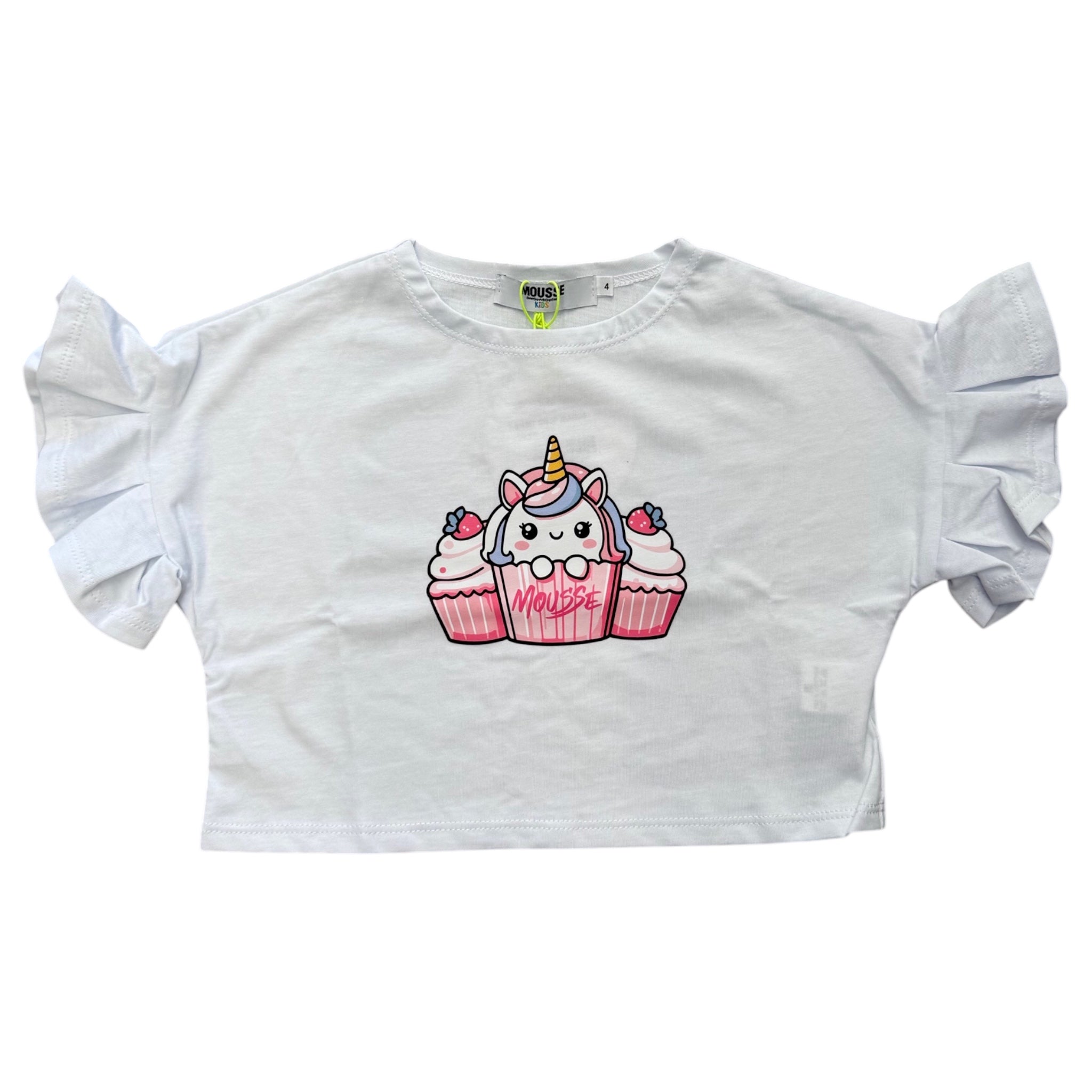 T-shirt Bianca Mousse Cropped | Cup-Cake Unicorno MOUSSE l'aquiloneT.shirt Cropped Unicornoabbigliamento bambina