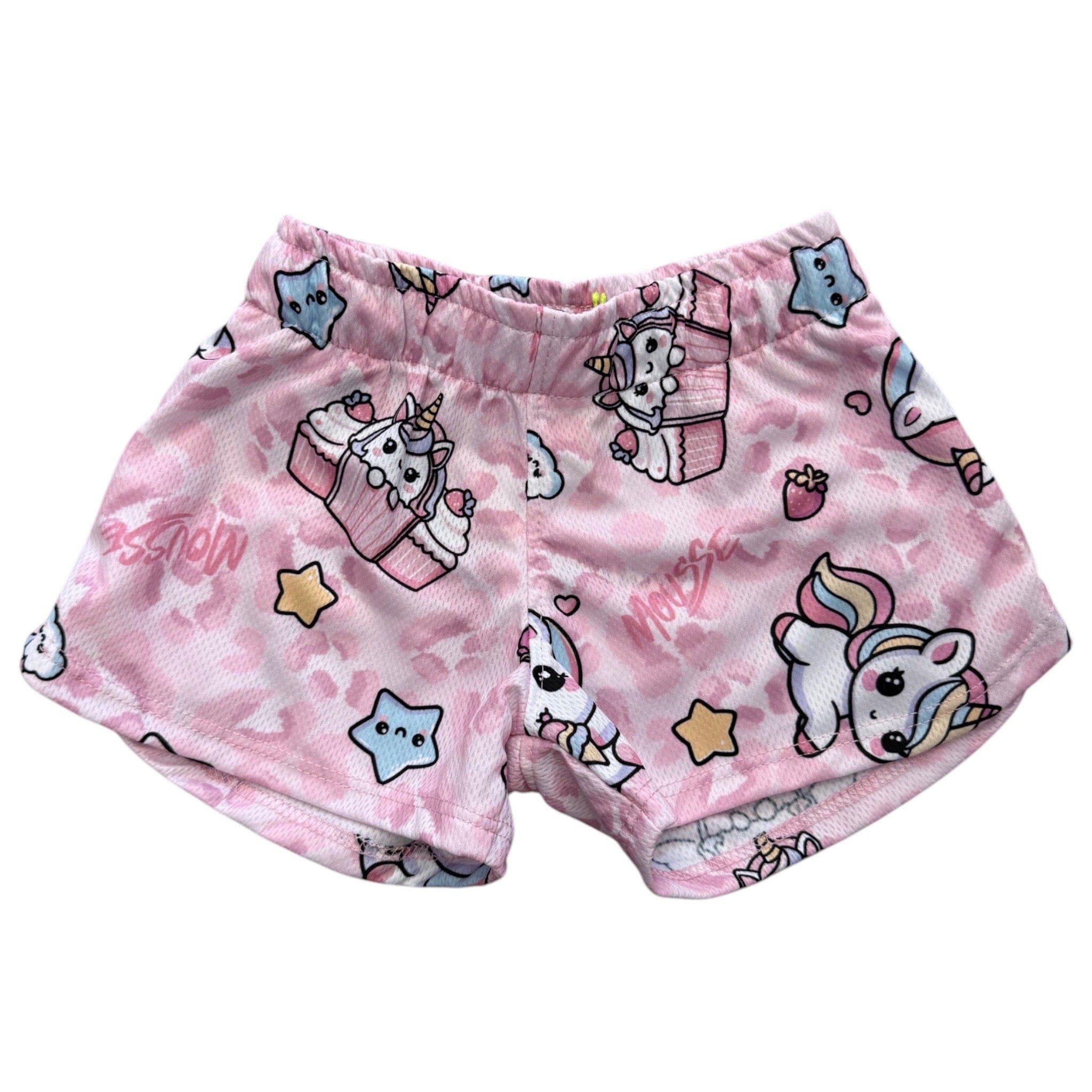 Short Mousse con Unicorni Rosa | Tessuto Tecnico MOUSSE l'aquiloneShort fantasia unicorni Mousseabbigliamento bambina